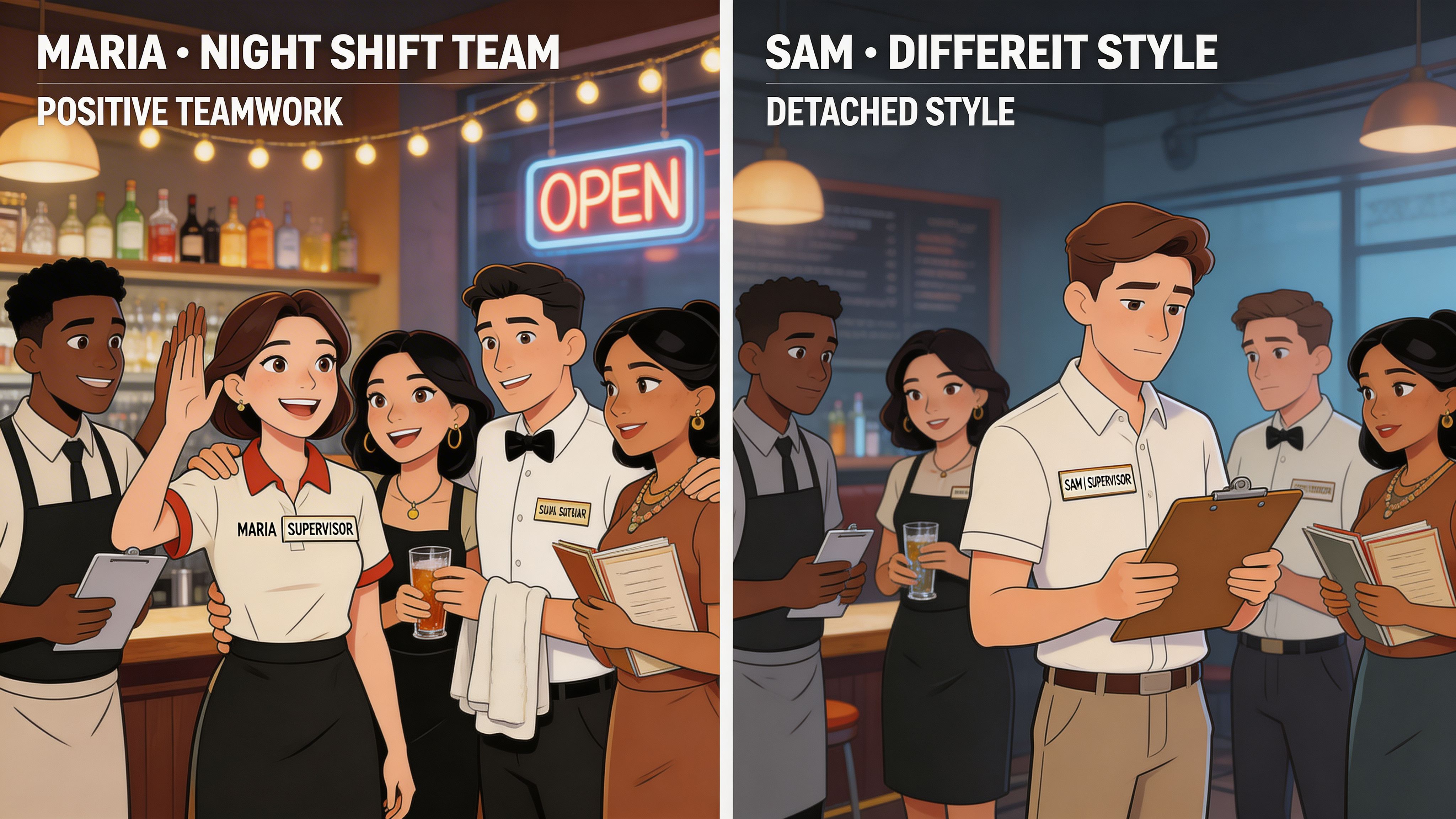 A split image contrasting Maria's positive team-based leadership style with Sam's detached, individualistic supervision approach at work.