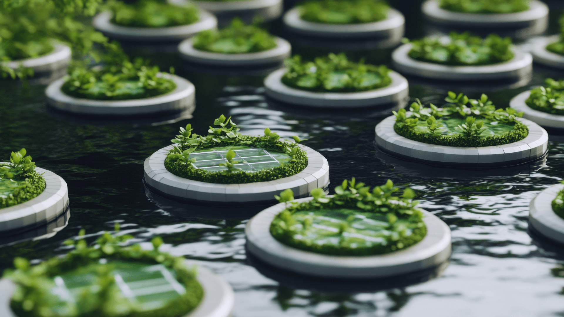 The plant life in floating circular modules symbolizes innovative approaches for the conservation of water resources, reducing the water footprint, and a circular water economy.