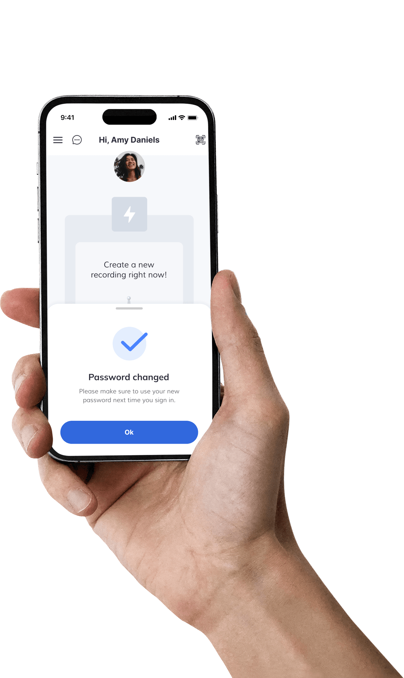 Jamworks mobile app displaing the successful password change drawer