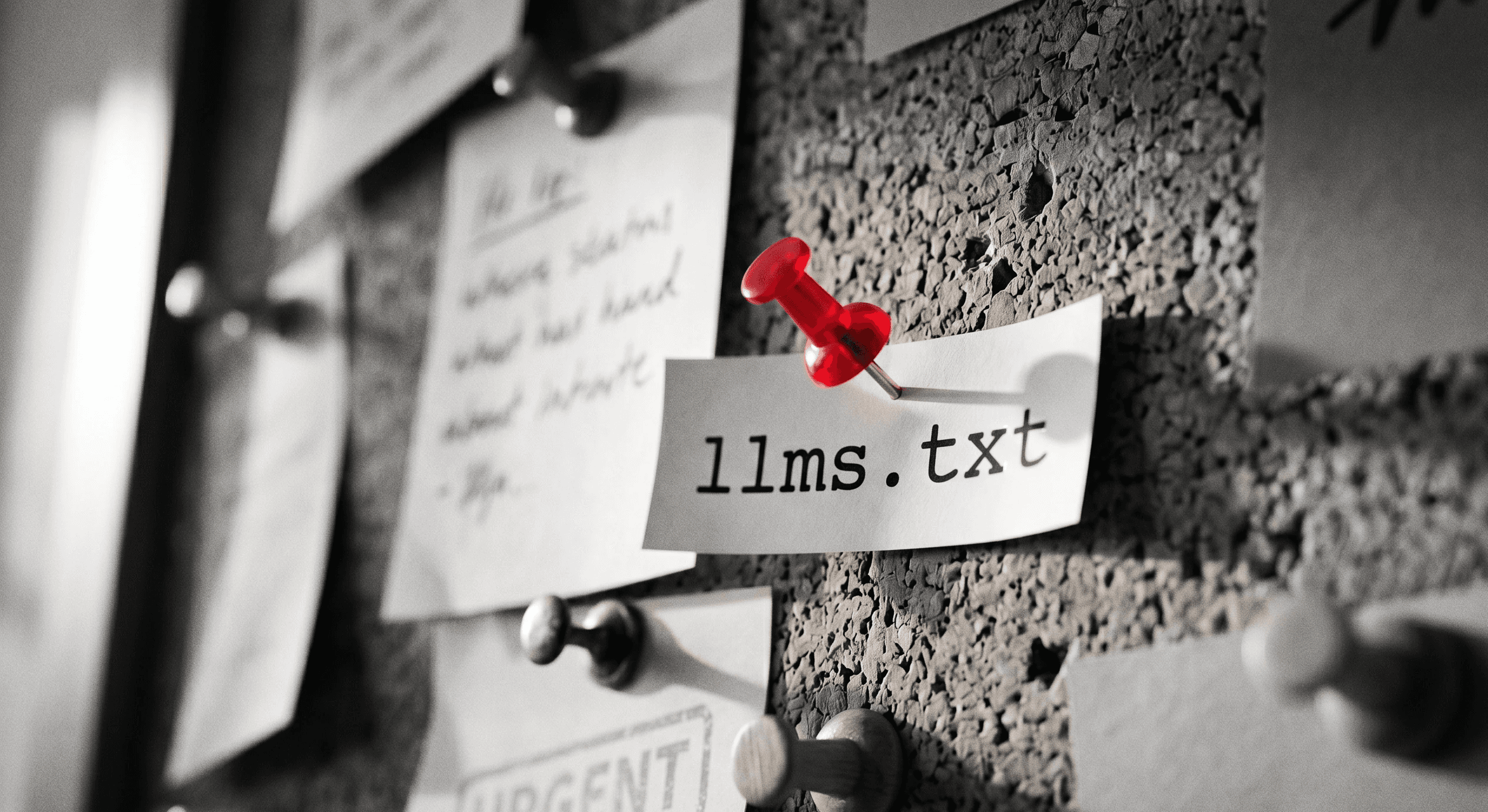 `Black and white macro photo of an llms.txt label pinned to a corkboard with a single red pushpin`