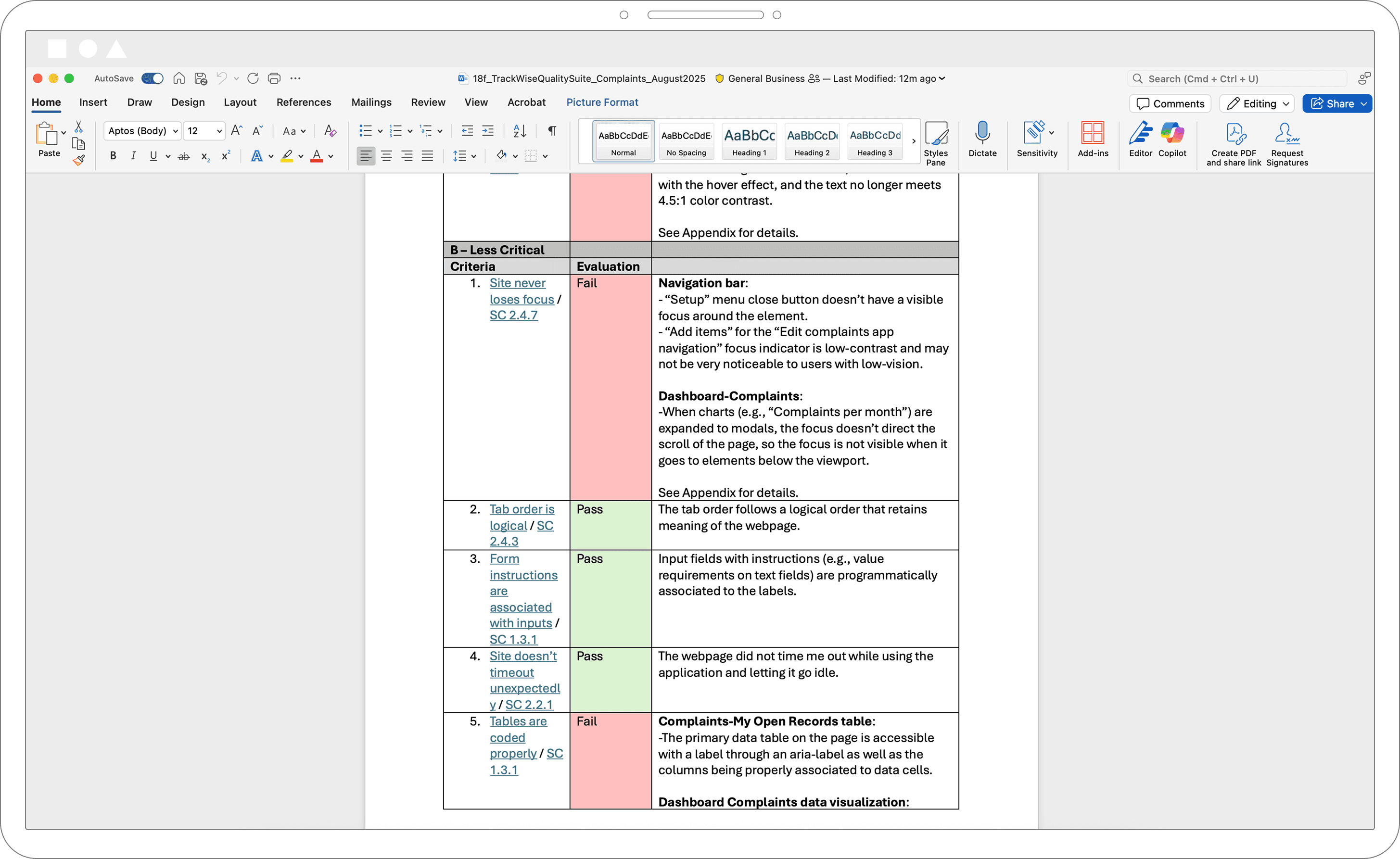 Sample of an 18F audit in Word Doc showing multiple failures and passes