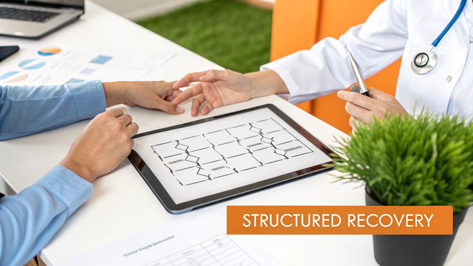 Doctor and patient reviewing structured recovery treatment plan diagram on tablet during consultation