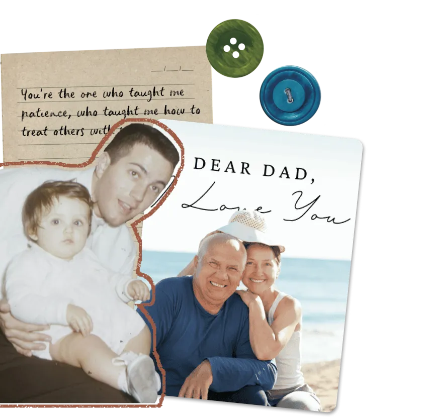 Scrapbook-style Father's Day card with two family photos, a handwritten note, and 'Dear Dad, Love You' lettering.
