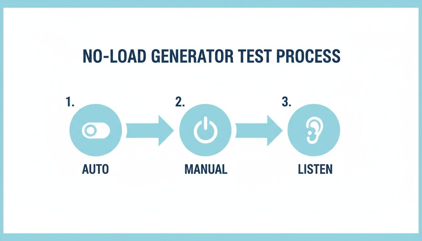Infographic showing a three-step no-load generator test process: Auto, Manual, Listen.