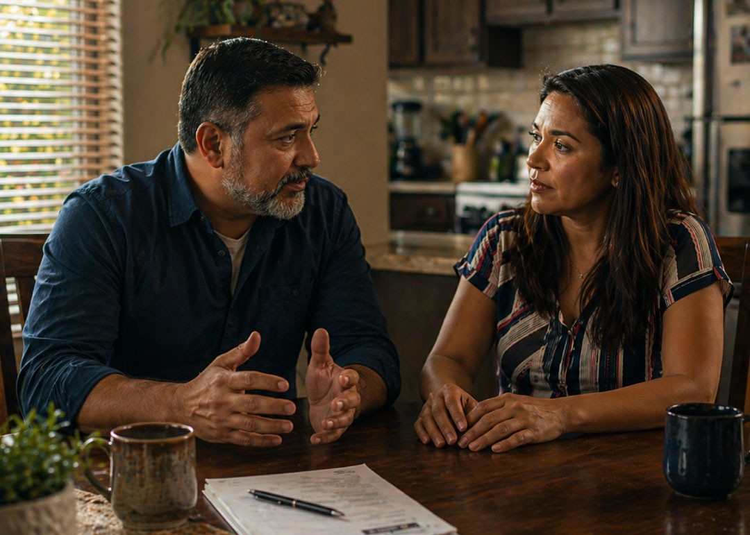 Pareja latina conversando en casa, representando situaciones de violencia doméstica y abuso familiar que pueden calificar para Visa T