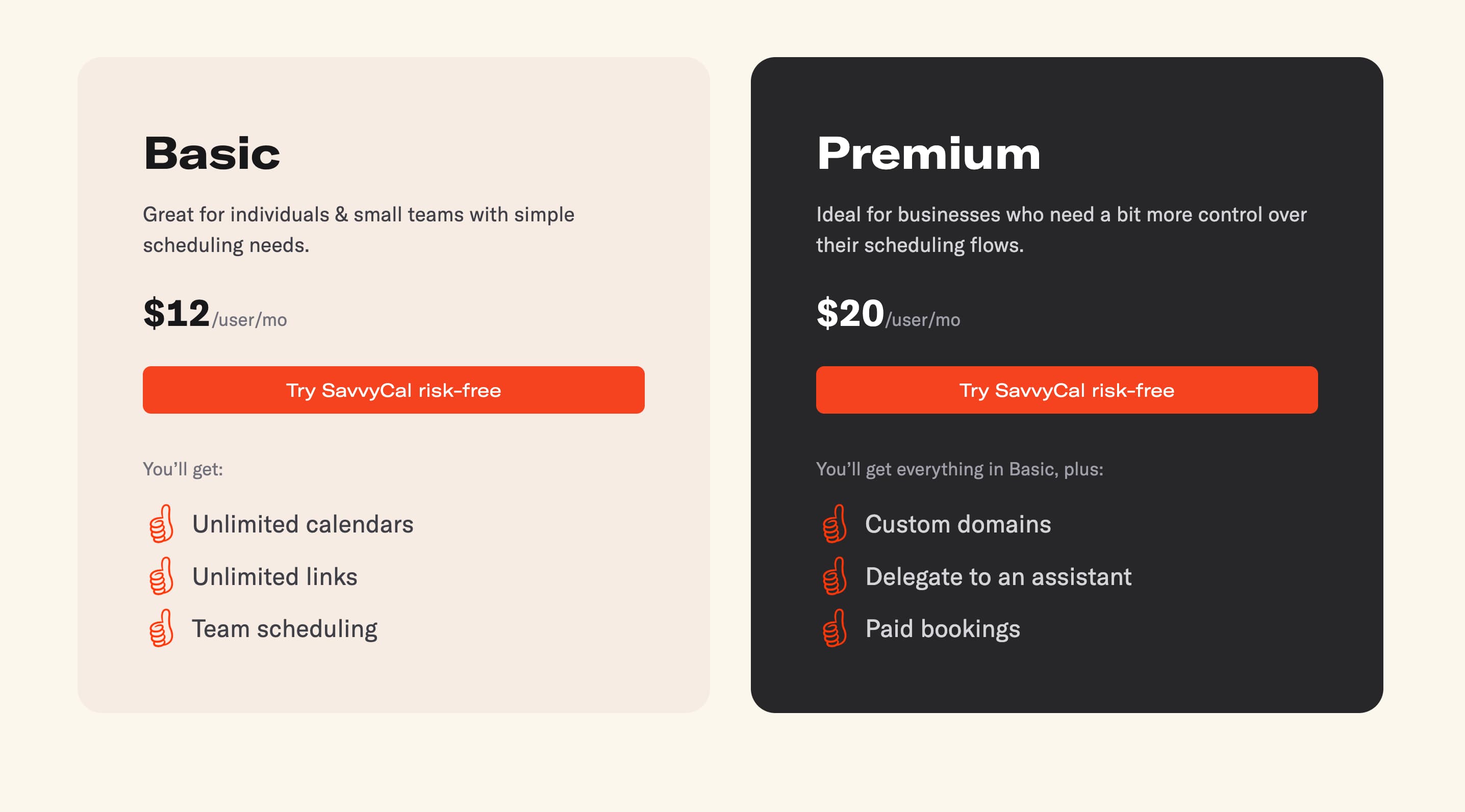 Savvycal pricing page showing subscription plans and feature comparisons
