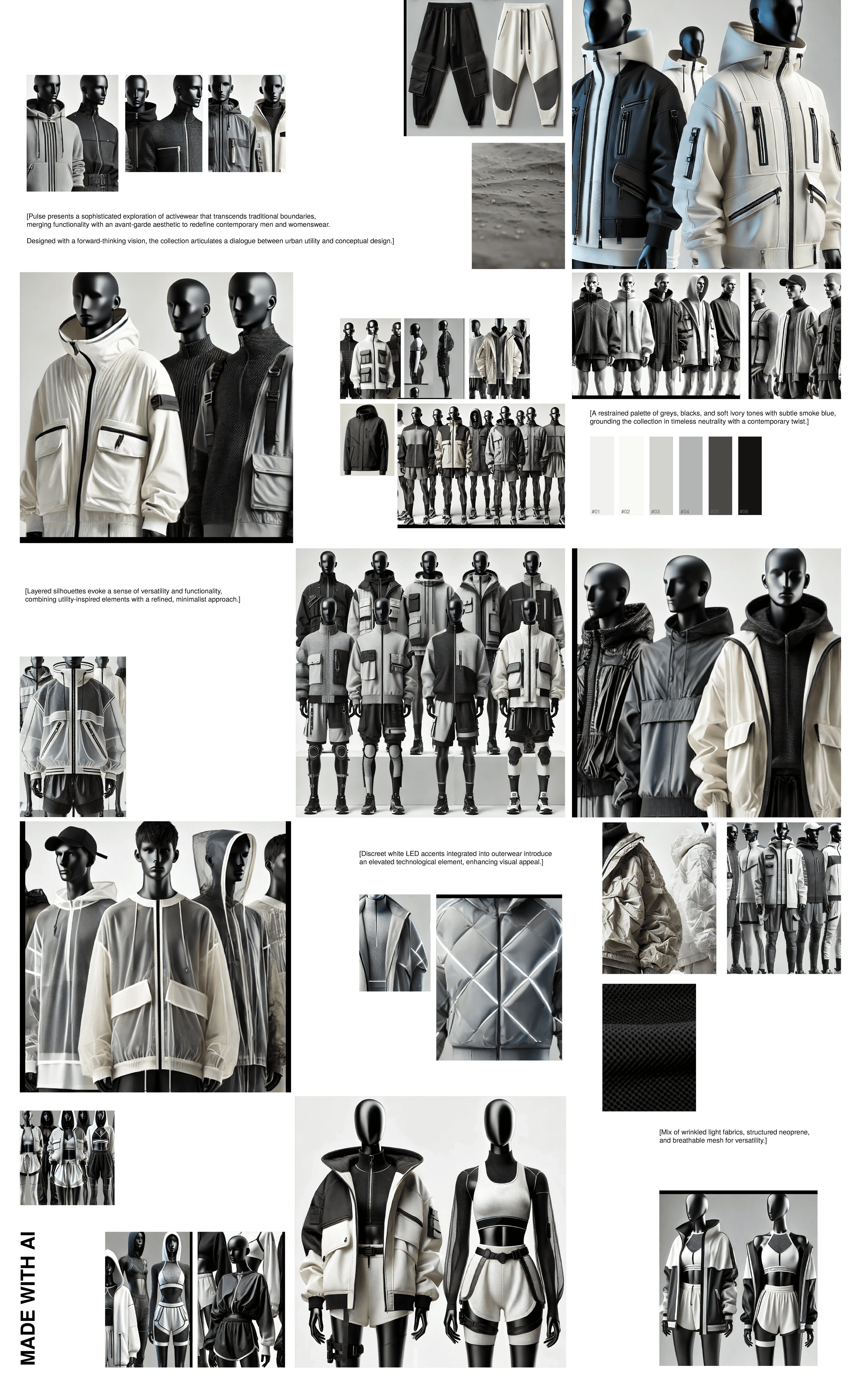 Pulse LED activewear AI-generated concept, monochromatic technical outerwear in off-white, grey, black with LED integration