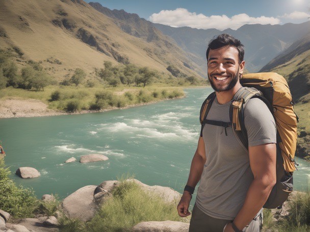 young man wearing a backpack with a sternum strap