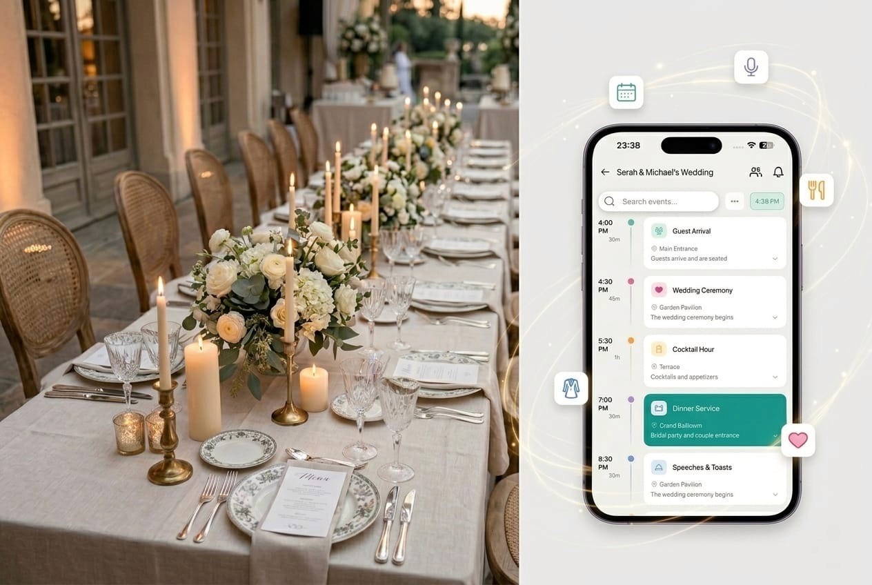 Elegant wedding reception table setup beside mobile app displaying wedding planning schedule and event timeline.