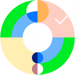 Illustration of a colorful circle with a dollar symbol in the middle and a checkmark on the right.