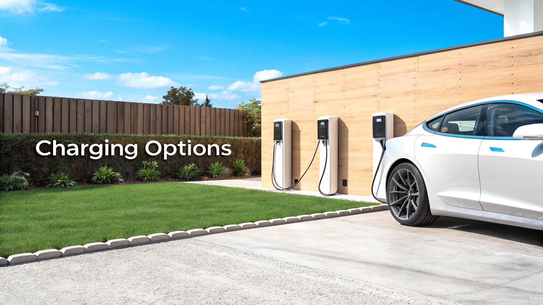 a wooden wall with a white tesla charging next to it and the text 'charging options' on the left