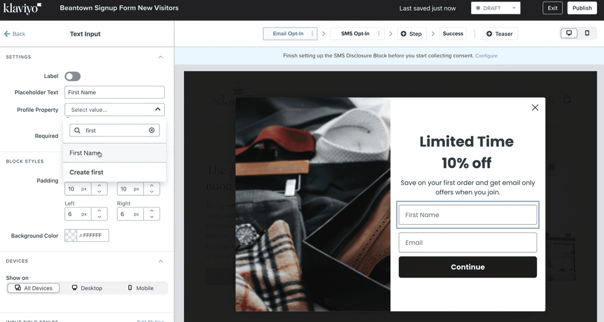 SIgn uP Form Builder.png – Klaviyo's signup form builder interface, showing how to assign custom profile properties to form fields.