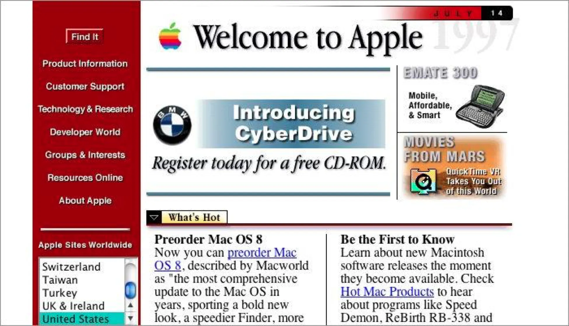 Screenshot of Apple’s official website from 1997 featuring a rainbow Apple logo, promotional banners for Mac OS 8, BMW CyberDrive, and QuickTime VR, with a sidebar linking to support, products, and global Apple sites.
