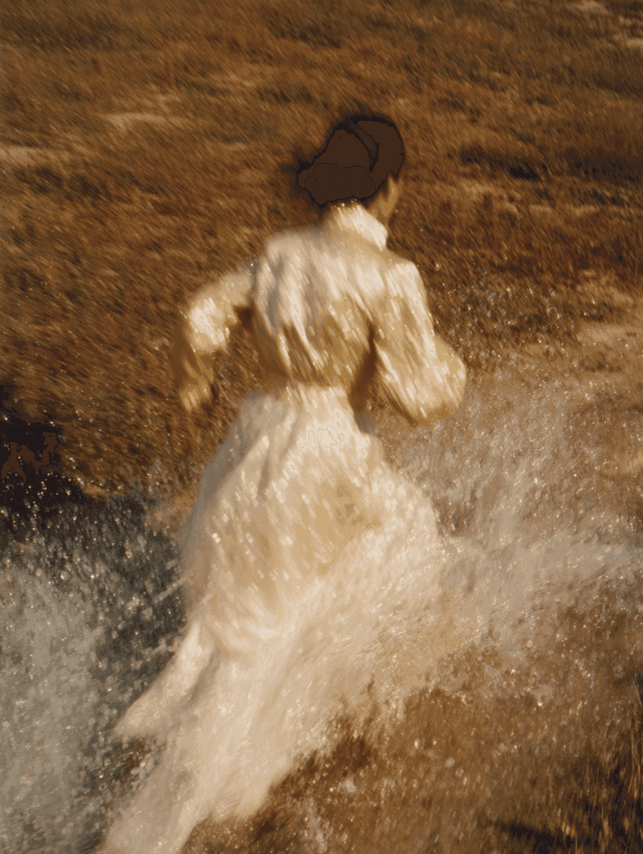 A woman in a white dress runs through a field, splashing water. The scene is dynamic, conveying freedom and movement under warm, earthy tones.