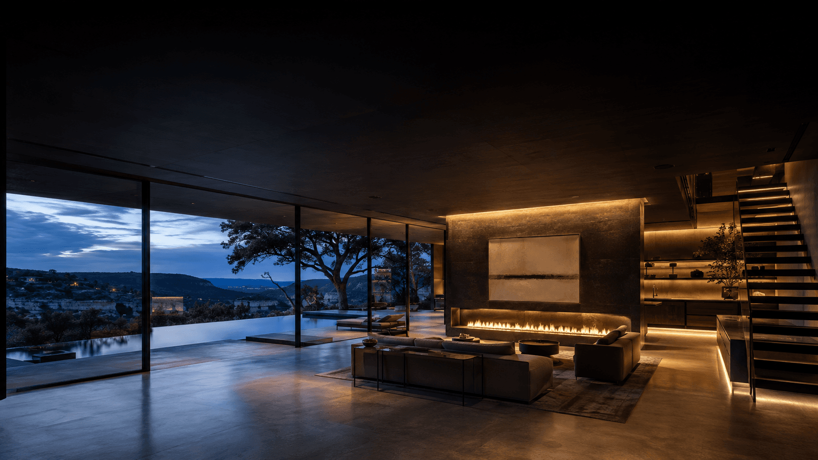 Cinematic architectural smart-home interior with concealed lighting and a hillside view