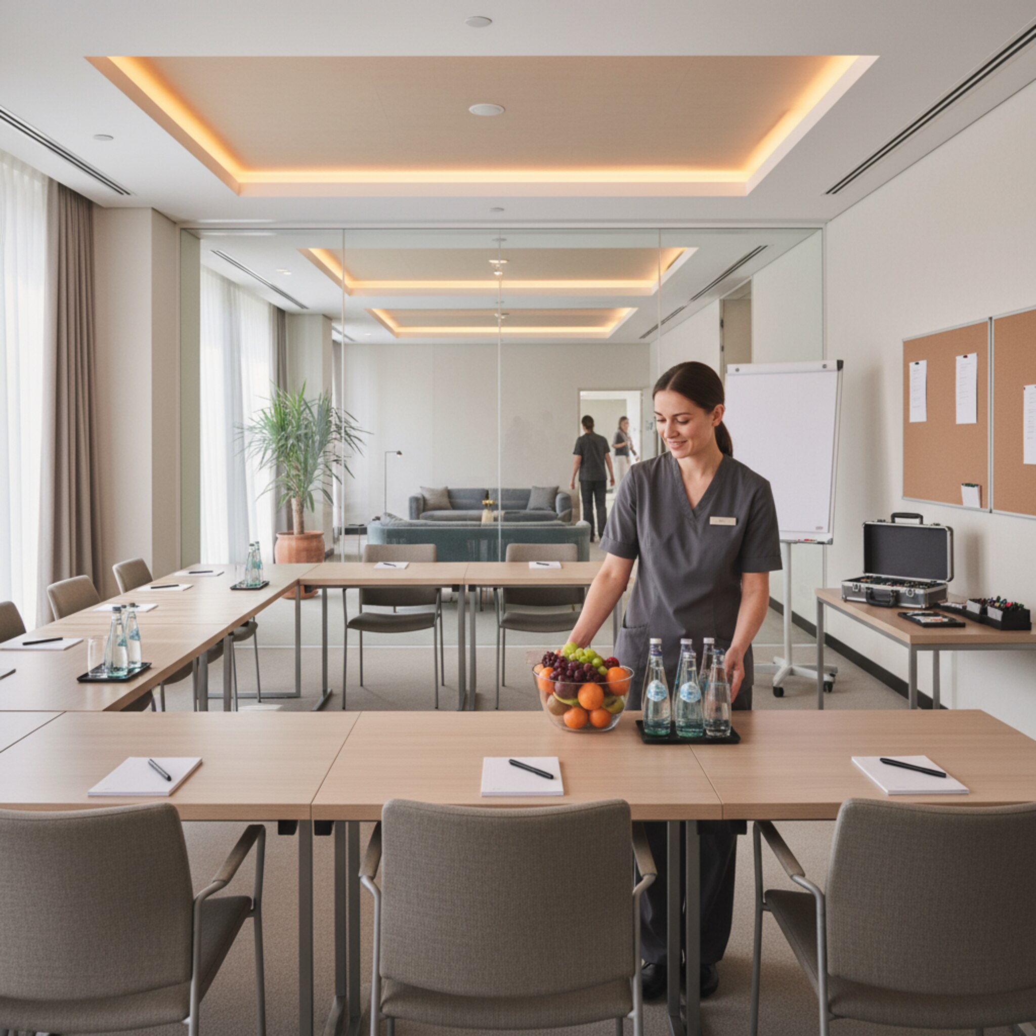 Ein Breakout-Raum mit U-Form-Bestuhlung wirkt ruhig und einladend. Gedimmtes Licht betont klare Linien, an der Seite warten Moderationskoffer und Pinnwände. Eine Mitarbeiterin stellt frisches Obst und Mineralwasser bereit. Durch die Glaswand sieht man einen angrenzenden Foyerbereich.