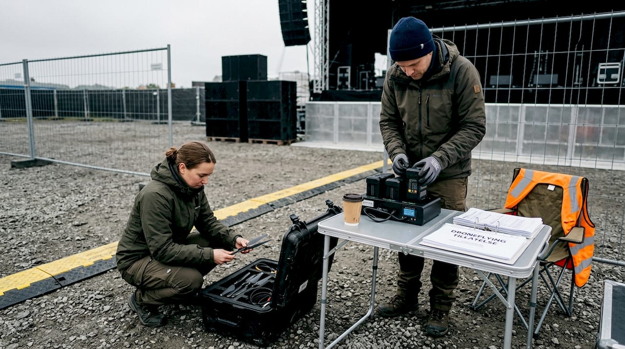 Drone-teamet gjør de siste forberedelsene før konserten starter.