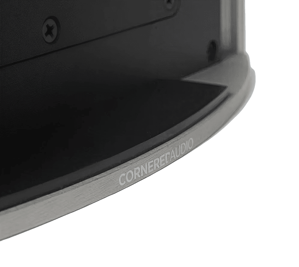 CorneredAudio logo on black speaker detail