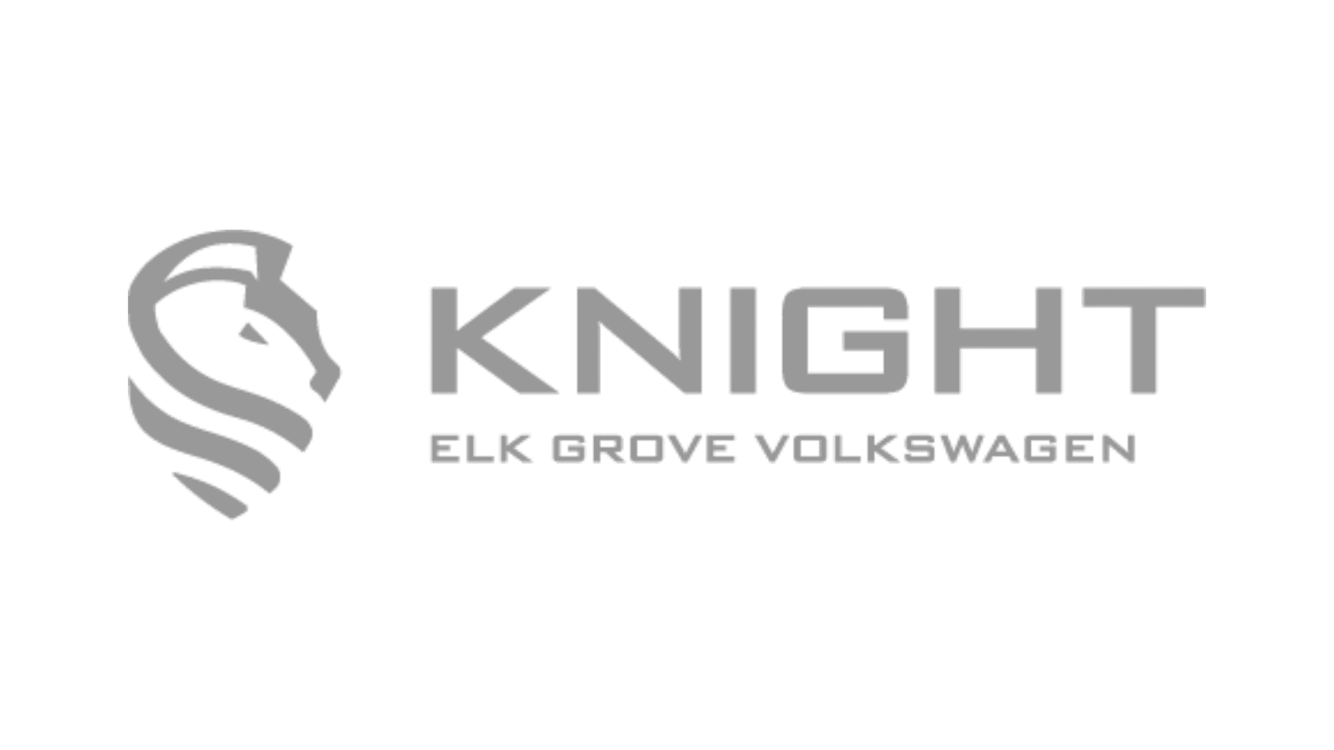 A minimalist logo featuring a stylized lion's head in profile next to the bold text "KNIGHT" with "Elk Grove Volkswagen" written below, all set against a solid blue background.