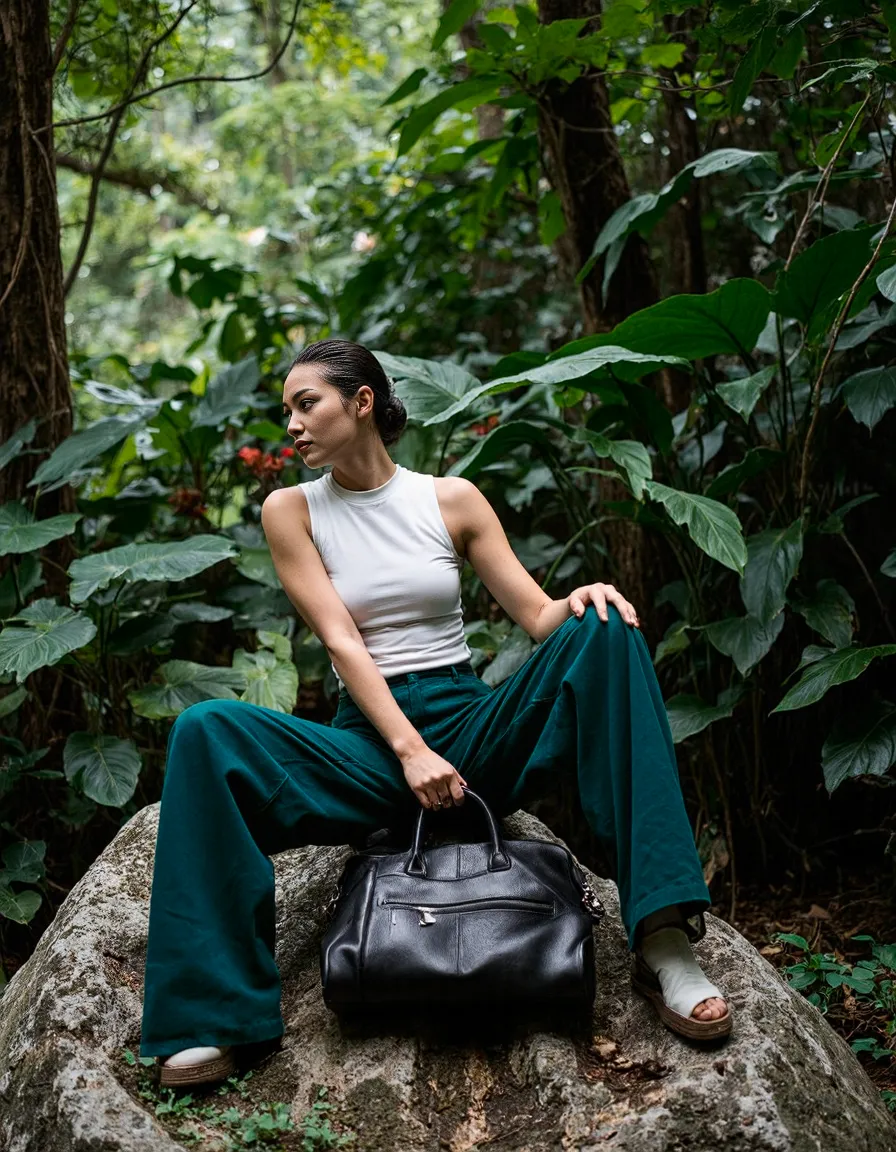 Fashion portrait in lush jungle setting featuring emerald wide-leg pants, white sleeveless top, black leather bag, and minimalist sandals.