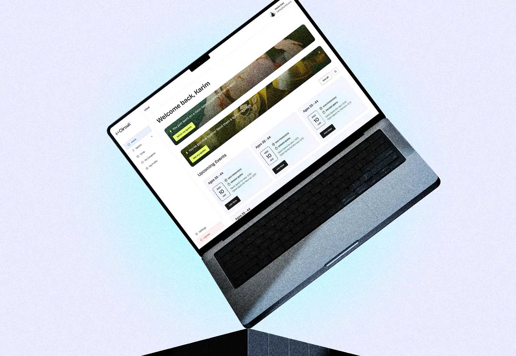 3D laptop displaying Circuit speed-dating app interface with user profiles and match cards.
