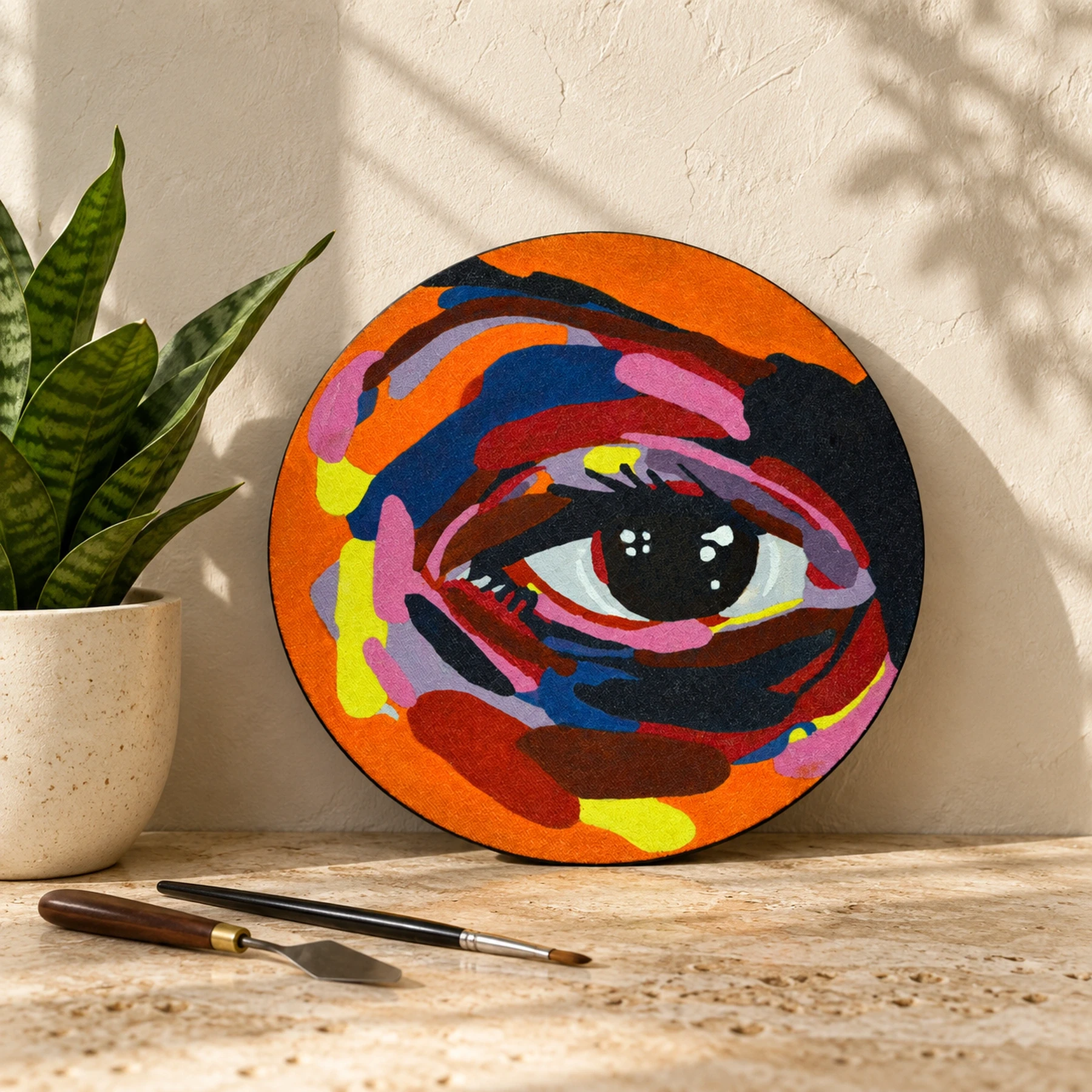Expressive eye painting in orange, purple, red and black on a circular canvas.