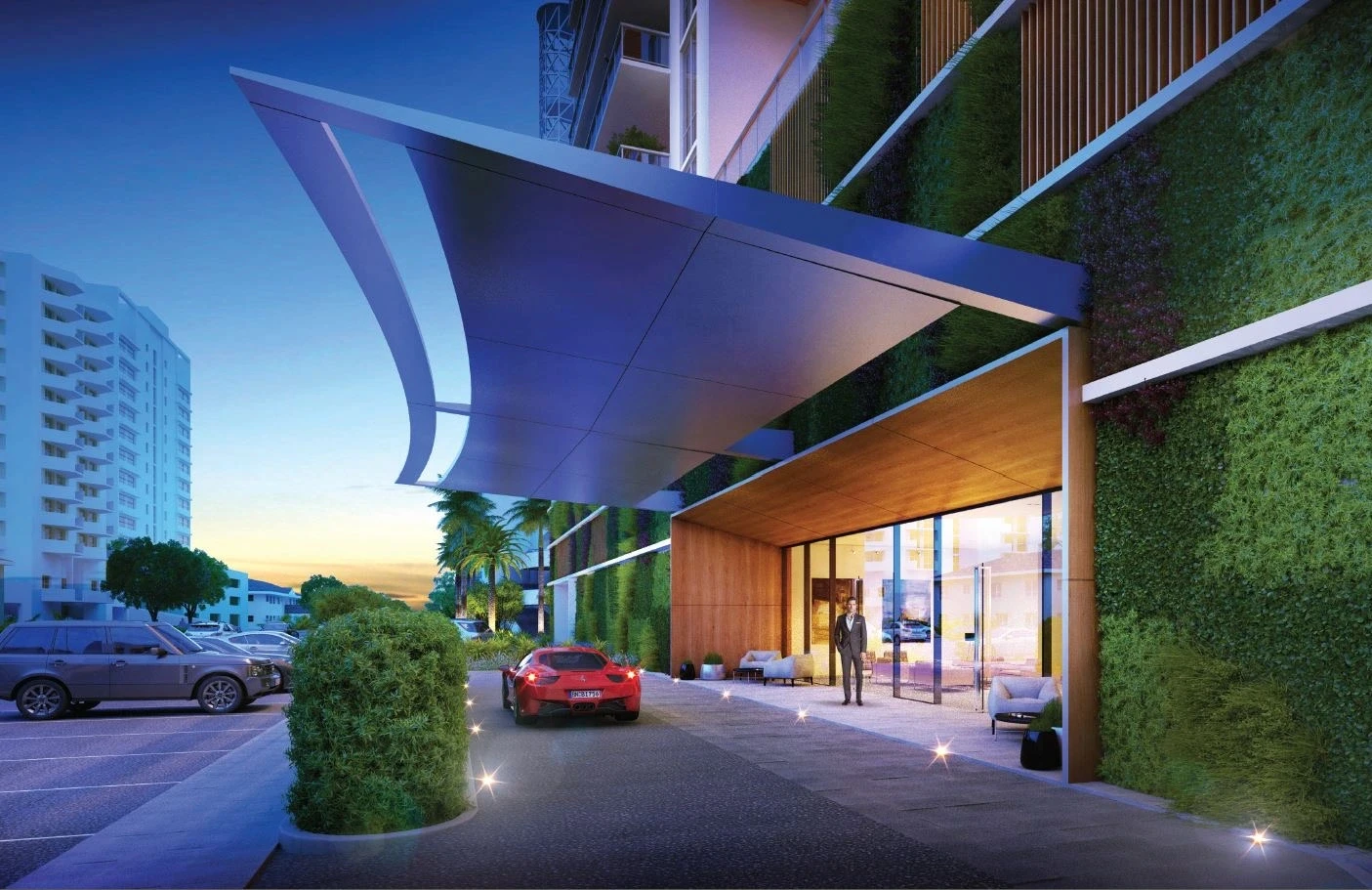Sculptural porte-cochère arrival canopy and living green wall at the entrance to Harbor Island in North Bay Village