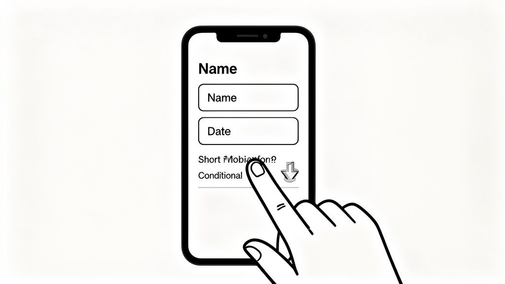 A hand taps a smartphone screen displaying a digital form with name and date input fields.