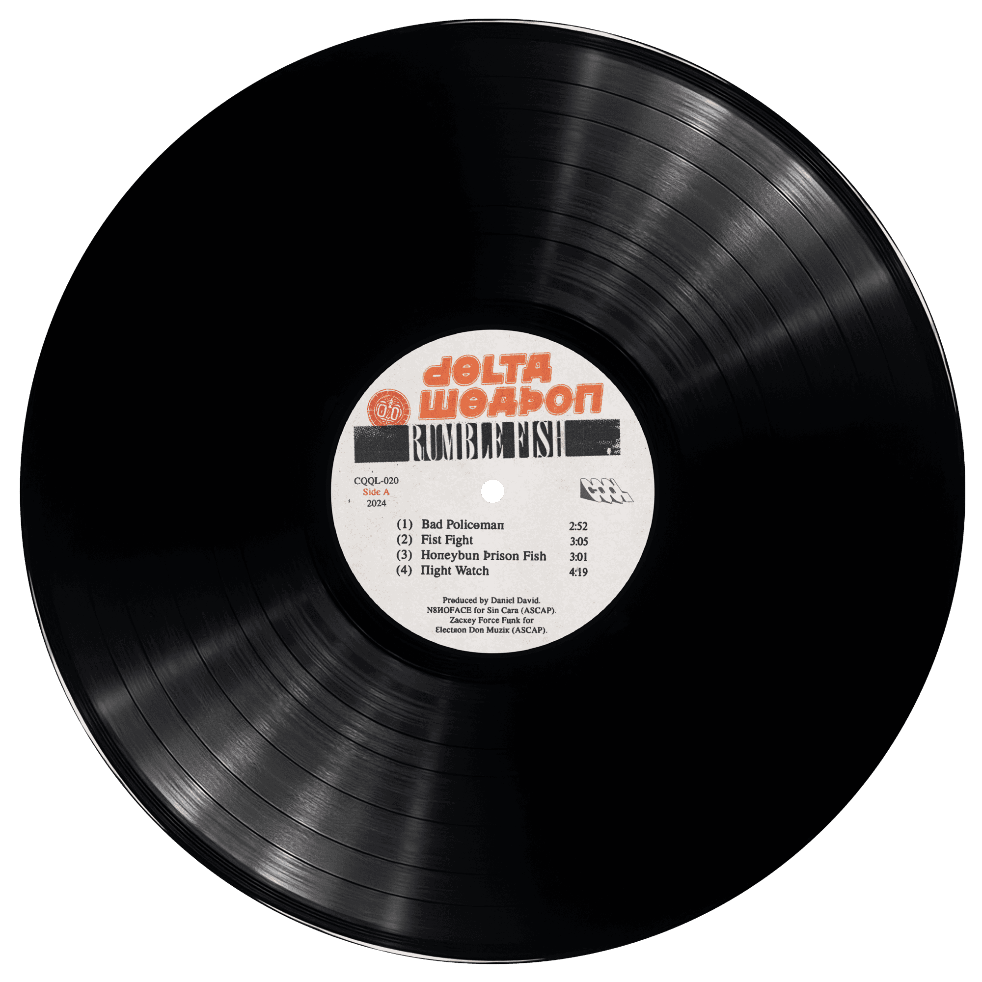 Black vinyl record with a label featuring 'Delta Weapon' on a white background