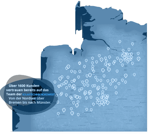 Standortkarte von Solartechnik Nordwest mit über 1600 Kunden, abgedeckte Regionen von der Nordsee über Bremen bis Münster – Photovoltaik-Komplettservice für nachhaltige Energie.