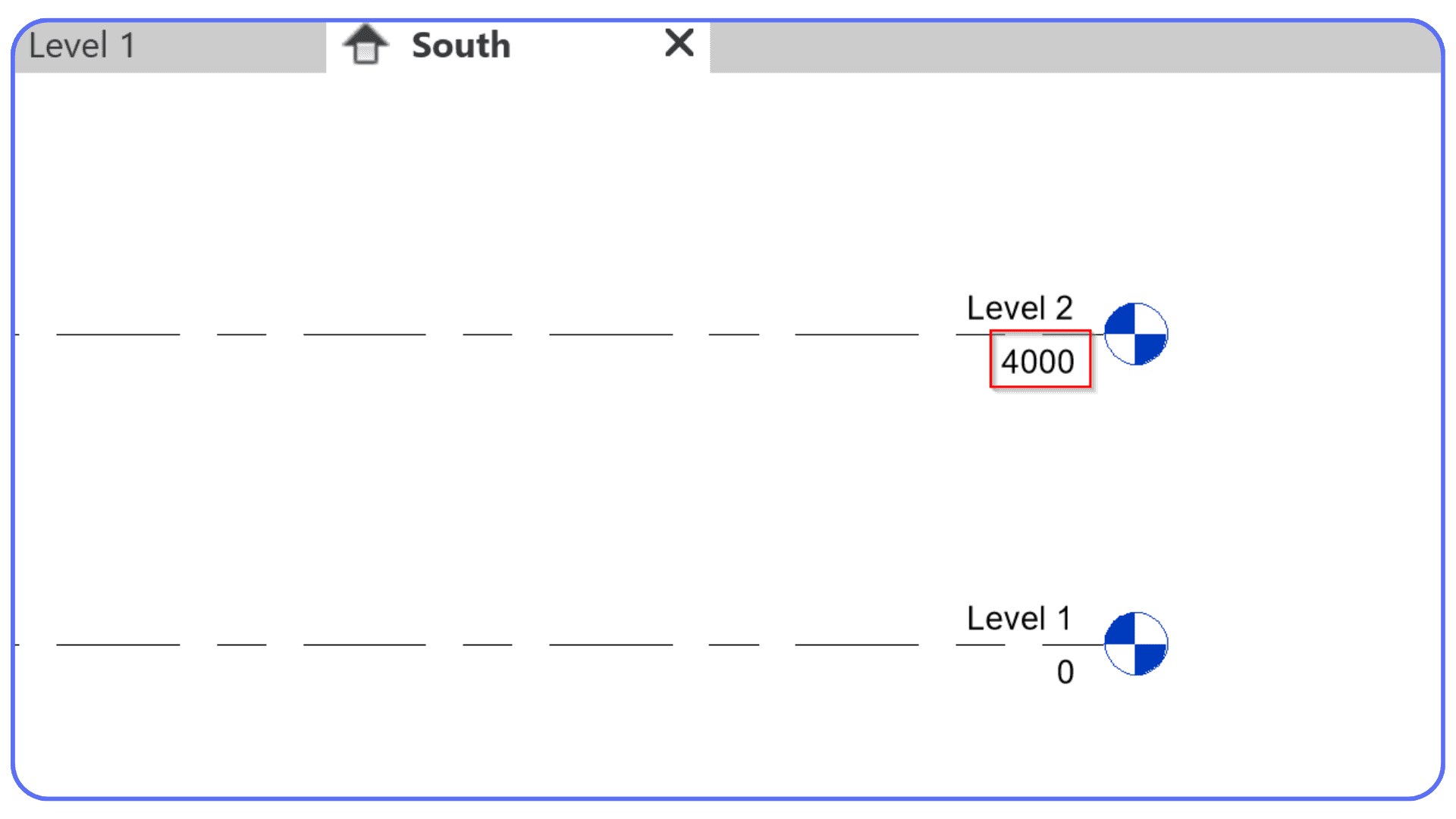 Revit elevation view displaying Level 1 and Level 2 heights set before modeling begins