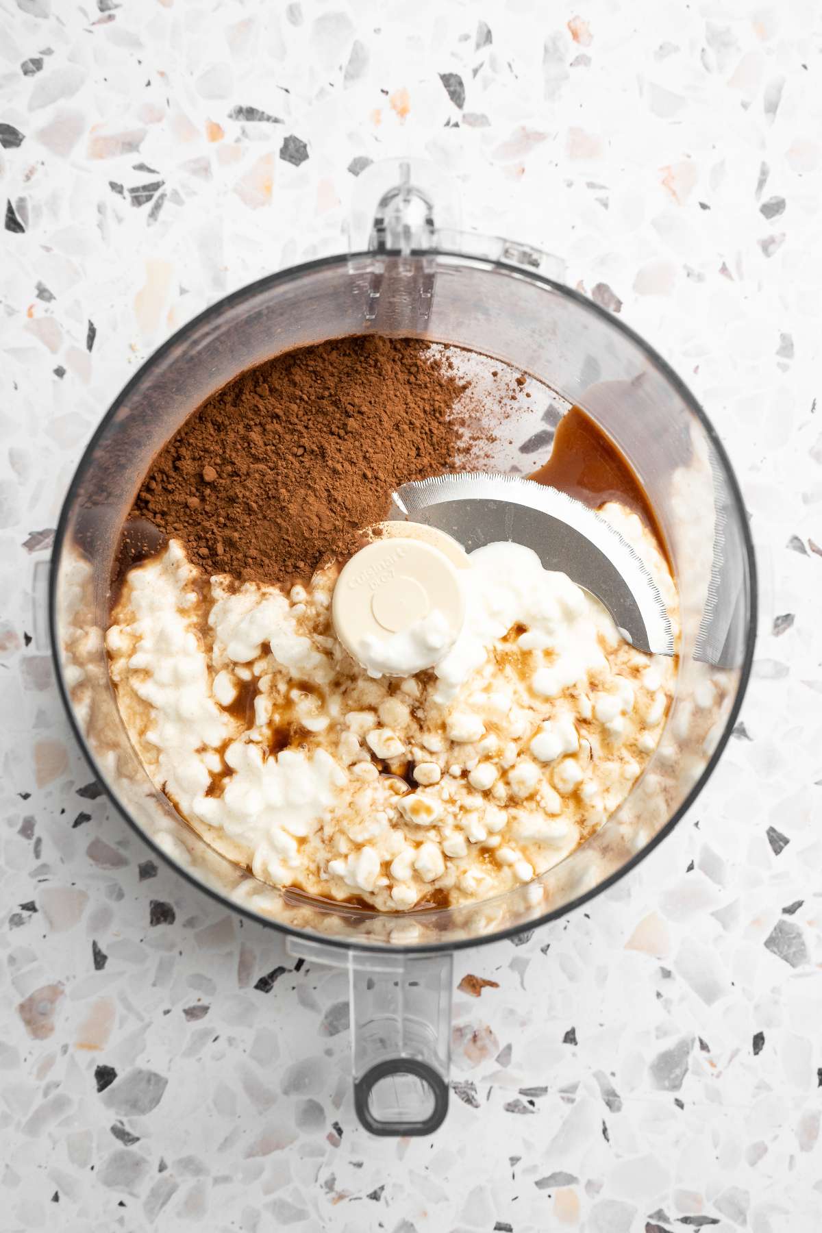 Cottage cheese, cocoa powder and vanilla added to a food processor.