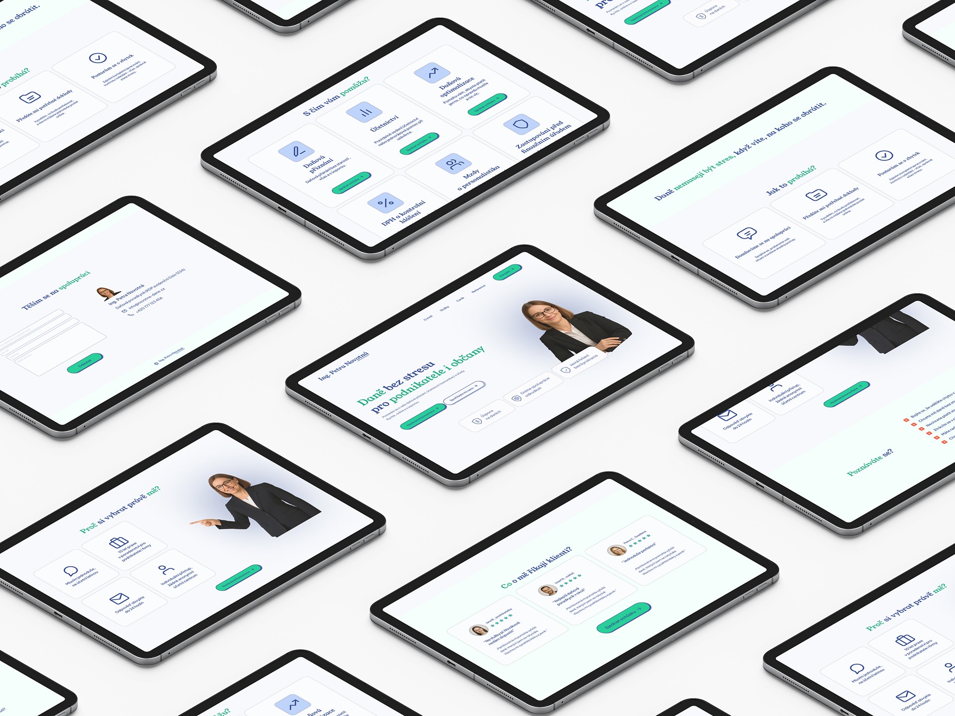 Přehled návrhu struktury webu — grid jednotlivých UI sekcí a rozvržení klíčových stránek.