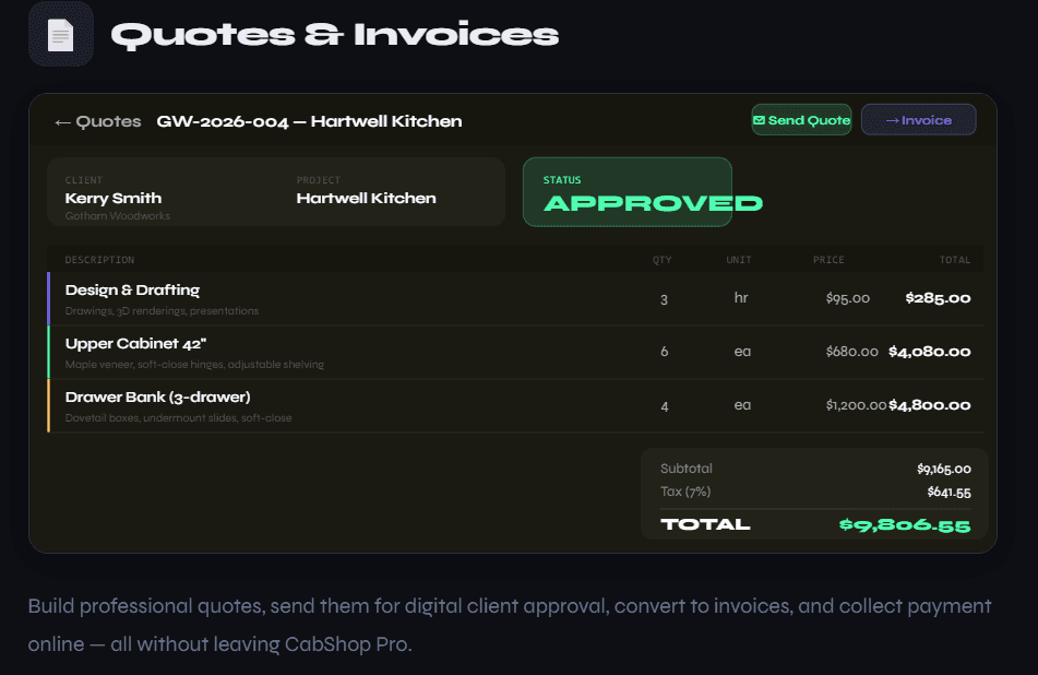 CabShop Pro quotes and invoices screen showing an approved quote