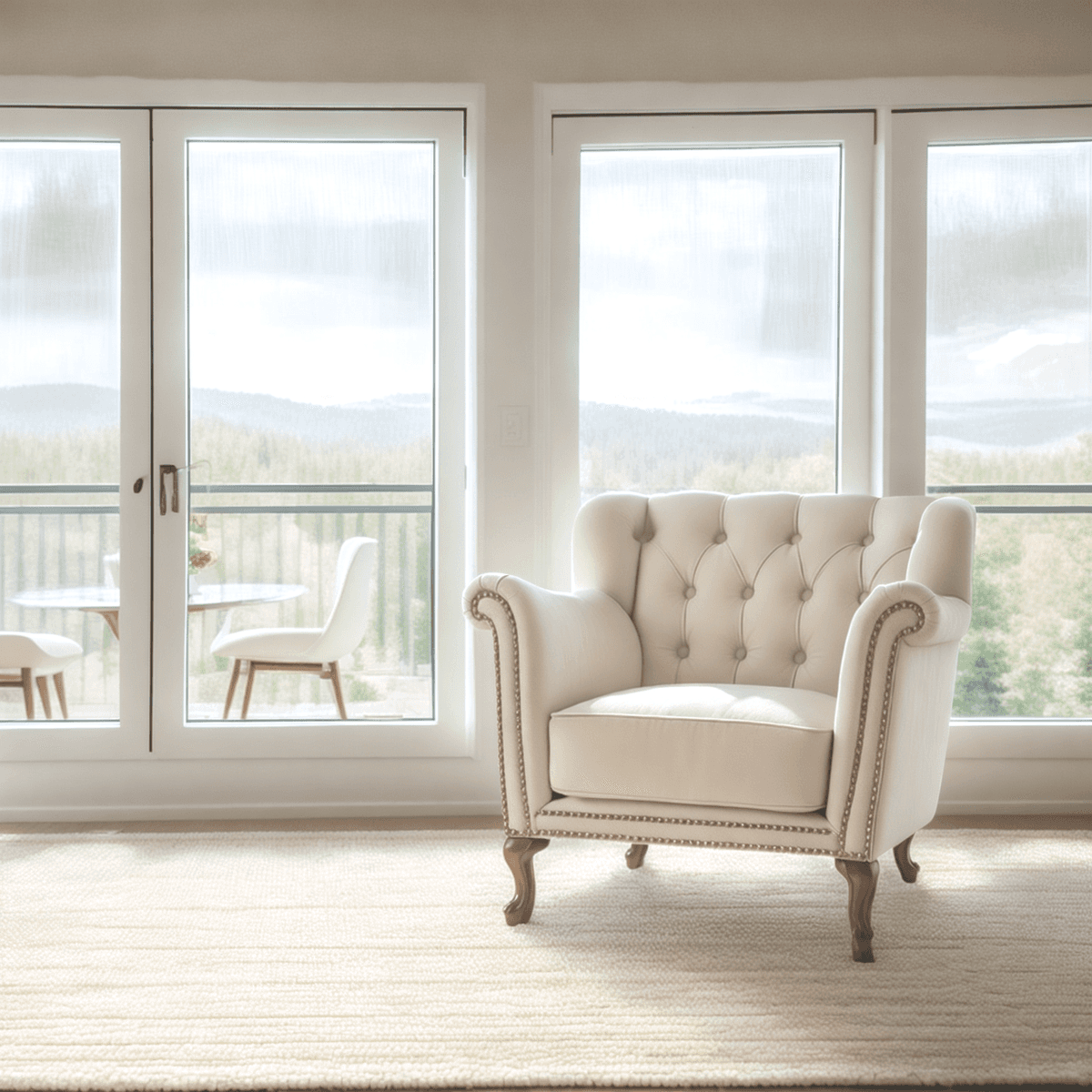 Leather sofa in a living room with big windows. Image generated by AI using Fuzer