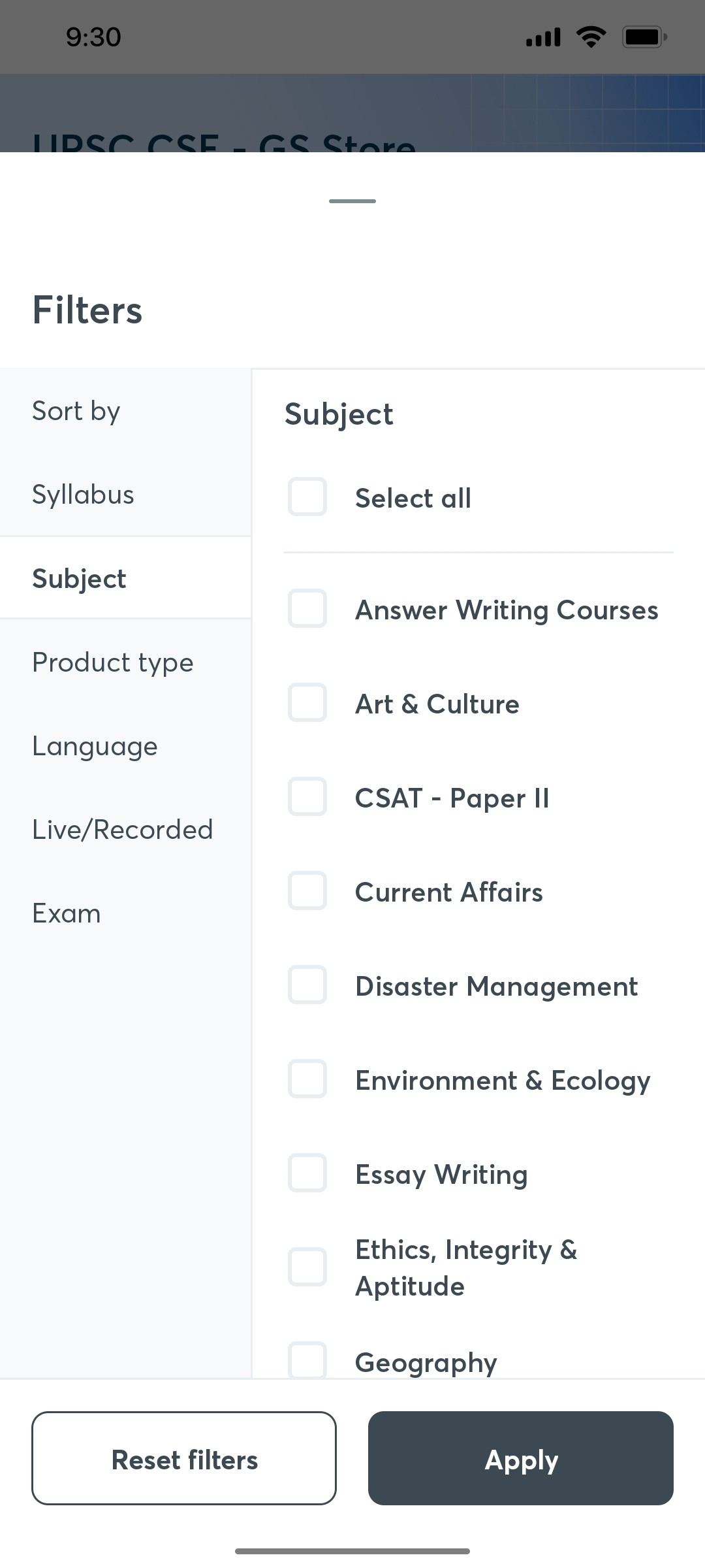 Unacademy Subject Screen