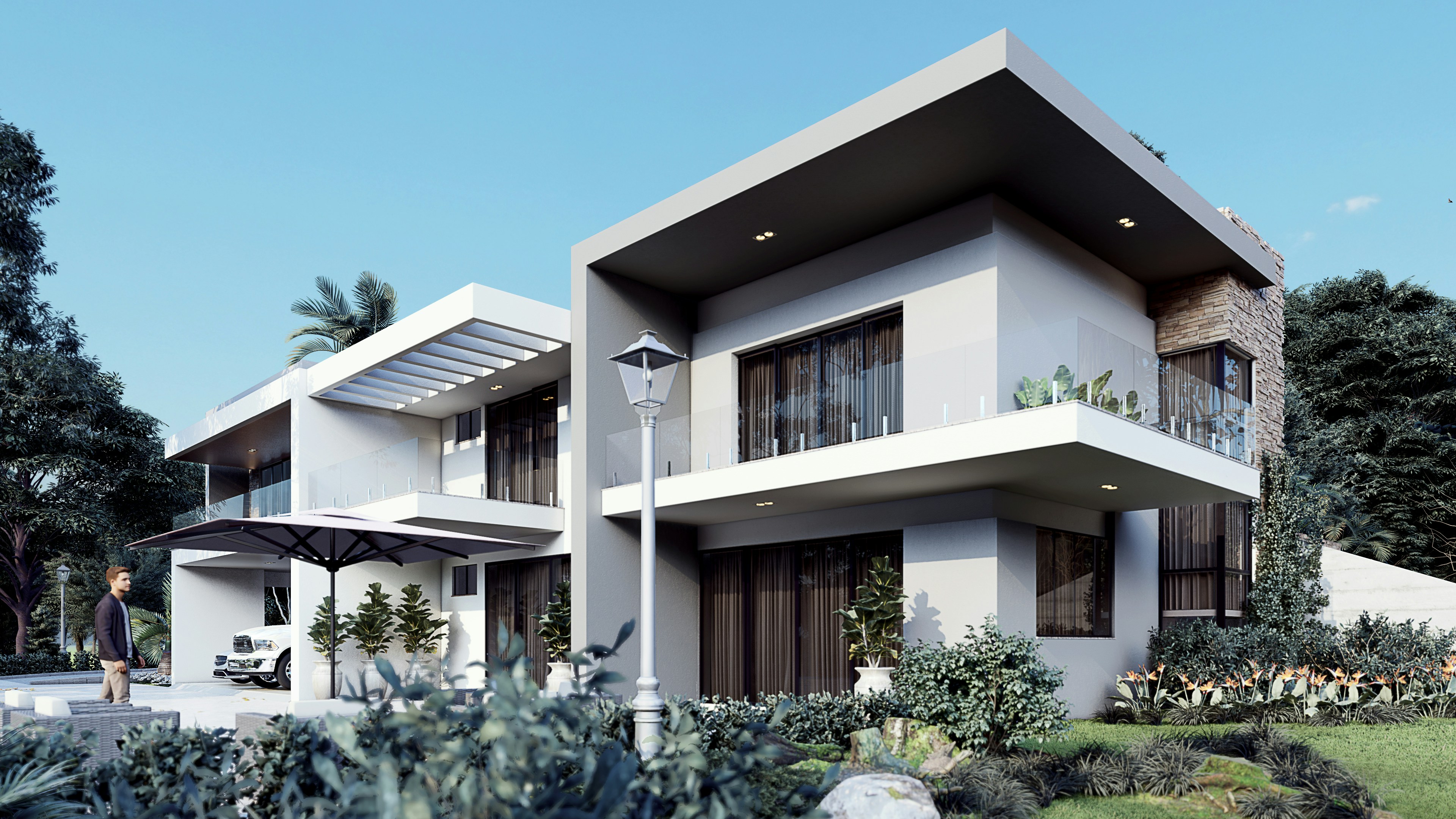 Contemporary two-story house render with flat roof, balcony, garden plants, patio umbrella, and bright daylight lighting.