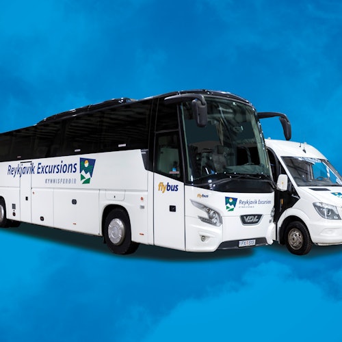 White tour bus and van with "Reykjavík Excursions" and company logos, set against a blue background.