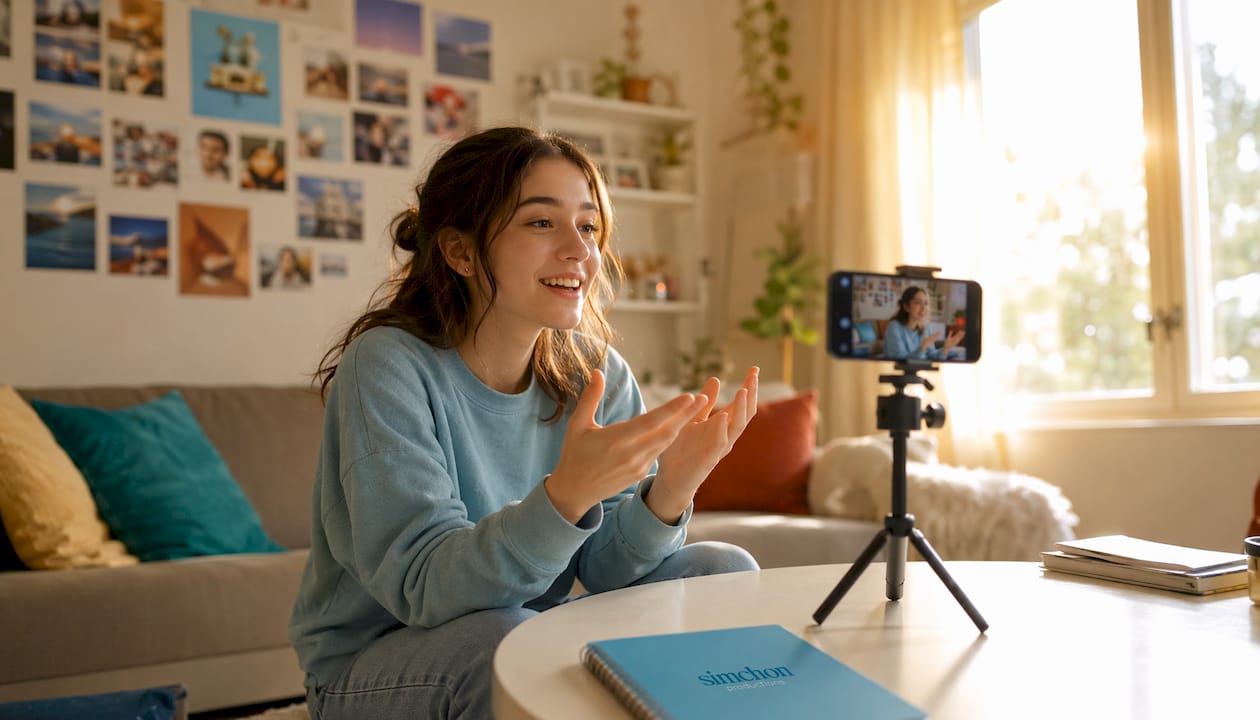 Student recording testimonial video in dorm