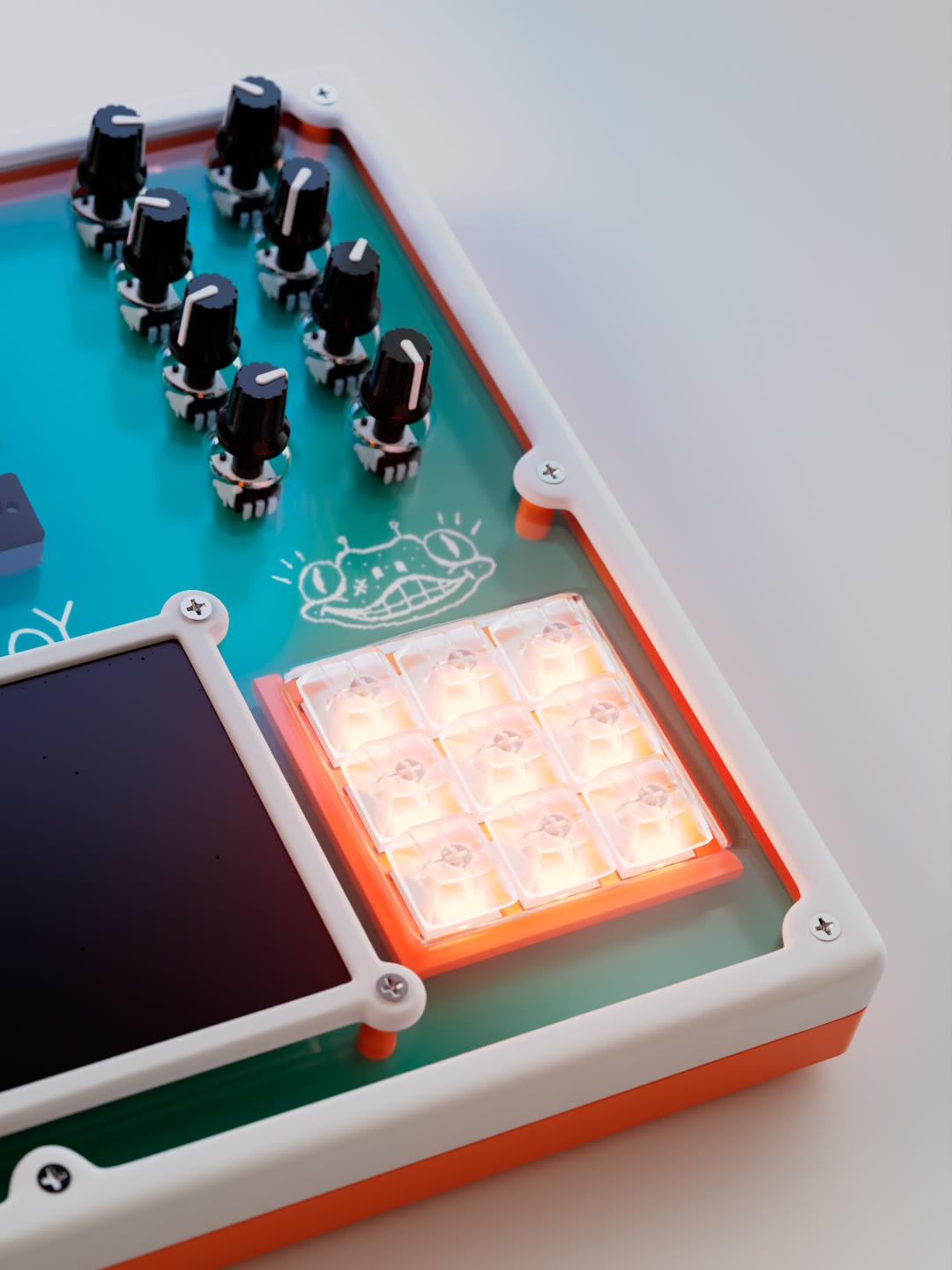Gros plan 3D des potentiomètres et des pads lumineux du BitchBoy