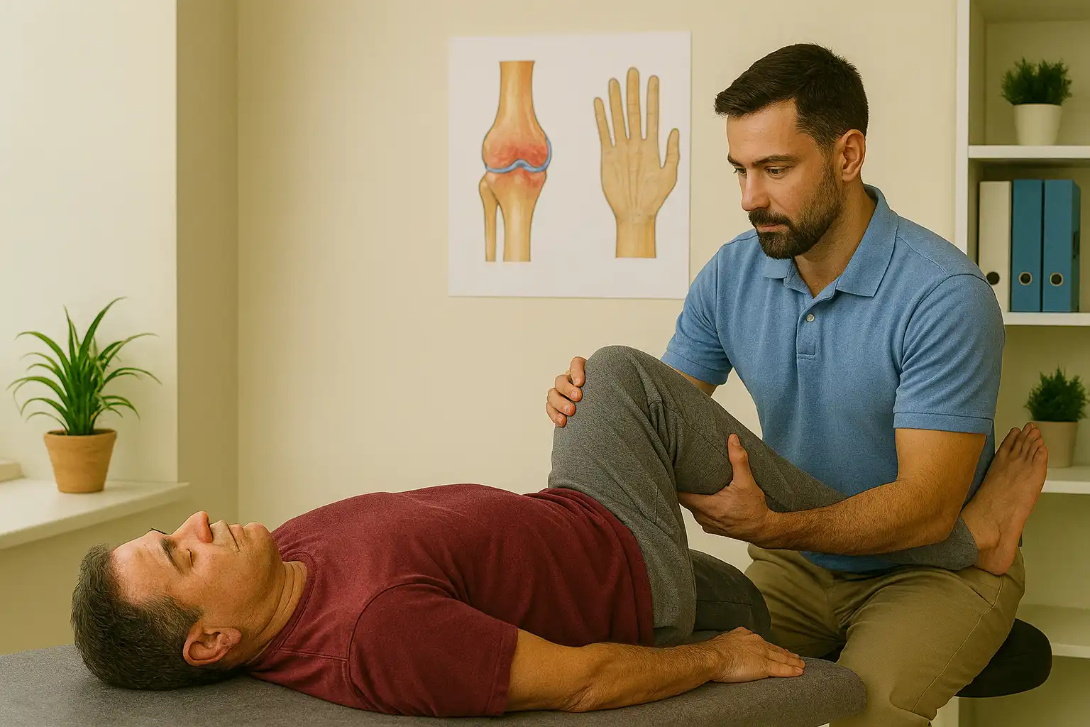 Physiotherapist performing guided leg mobilization therapy on a male patient with joint pain to improve flexibility and reduce discomfort.
