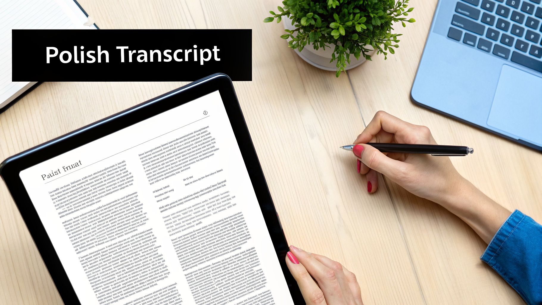 Hand writing with pen on desk with tablet displaying text, laptop, and plant, 'Polish Transcript' overlay.
