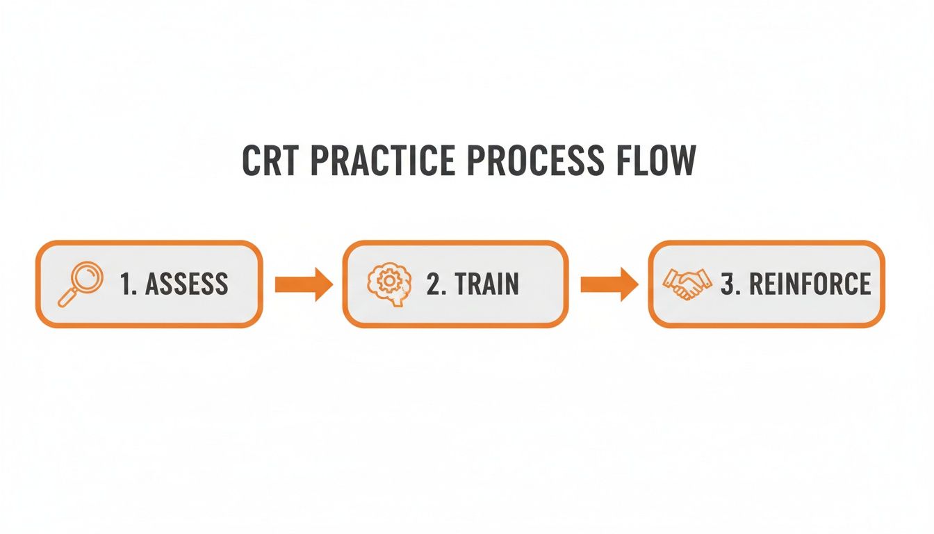 A diagram illustrating the CRT practice process flow with three steps: Assess, Train, and Reinforce.