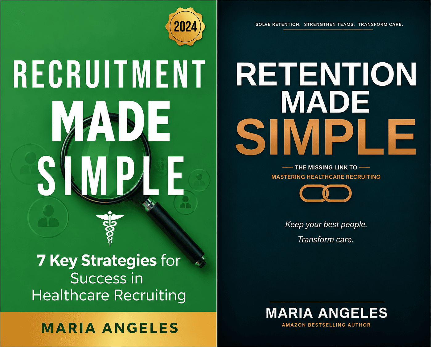Book covers for Recruitment Made Simple and Retention Made Simple by Maria Angeles.