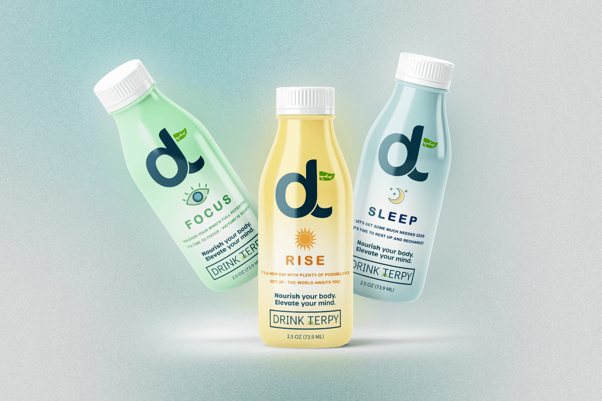 Three bottled drinks: Focus (green), Rise (yellow), and Sleep (blue) by Drink Ierpy. Beverages designed for body nourishment.