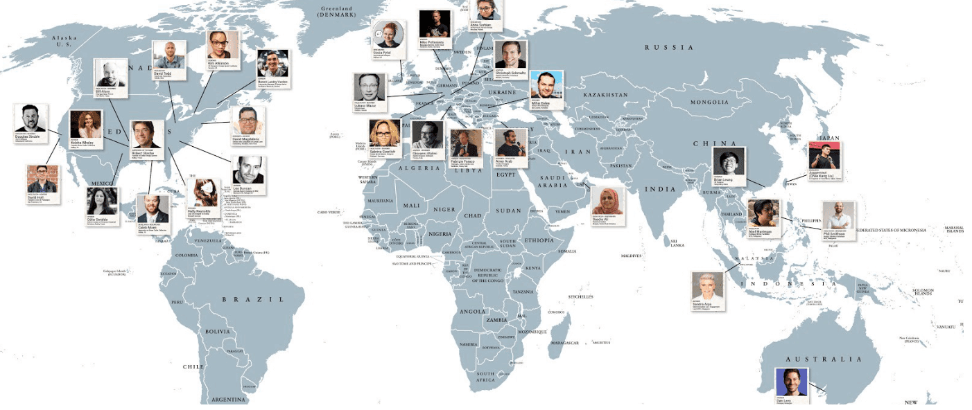 World map showing photos of remote design sprint facilitators located across different countries