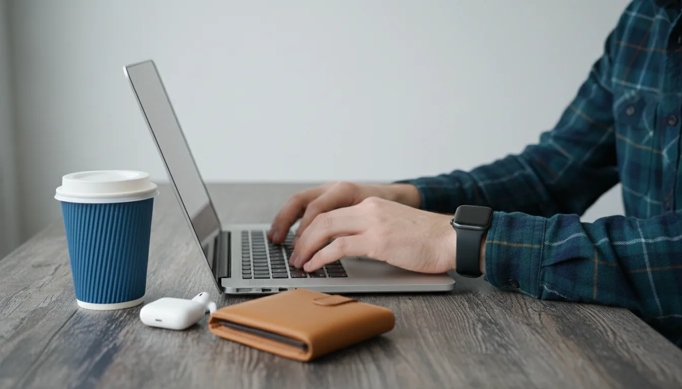 DSLR photography, medium shot of a freelancer's hands typing on a silver laptop placed on a dark, rustic wood grain desk. The person wears a blue and dark green plaid flannel shirt and a black smartwatch. Next to the laptop, there is a blue paper coffee cup, a tan leather wallet, and a white wireless earbuds case. The scene is illuminated by cool, soft natural daylight from the side, against a plain off-white wall. Shallow depth of field with sharp focus on the hands and keyboard.