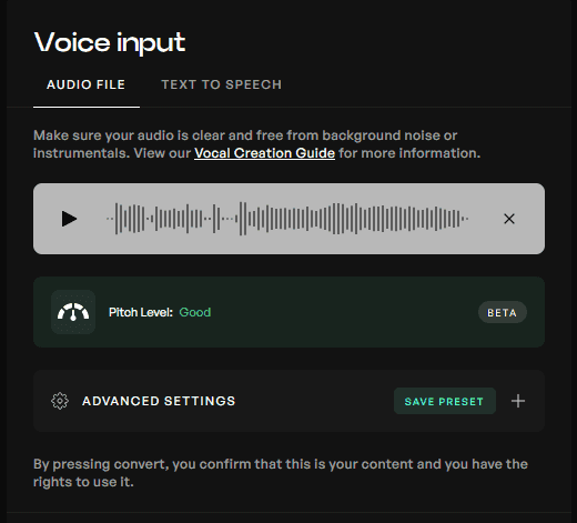 Audio file uploaded into voice input section