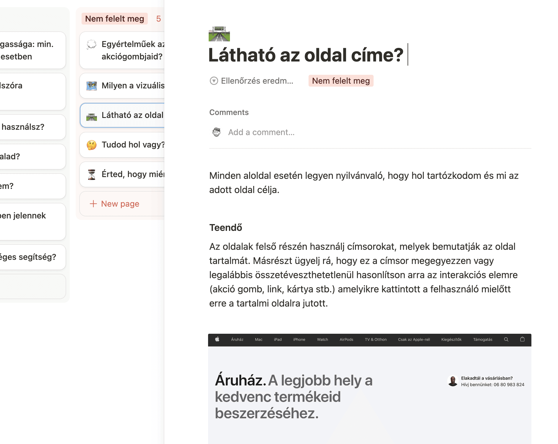 Az oldal célját bemutató webes UX kritériumnak való megfelelés ellenőrzése.