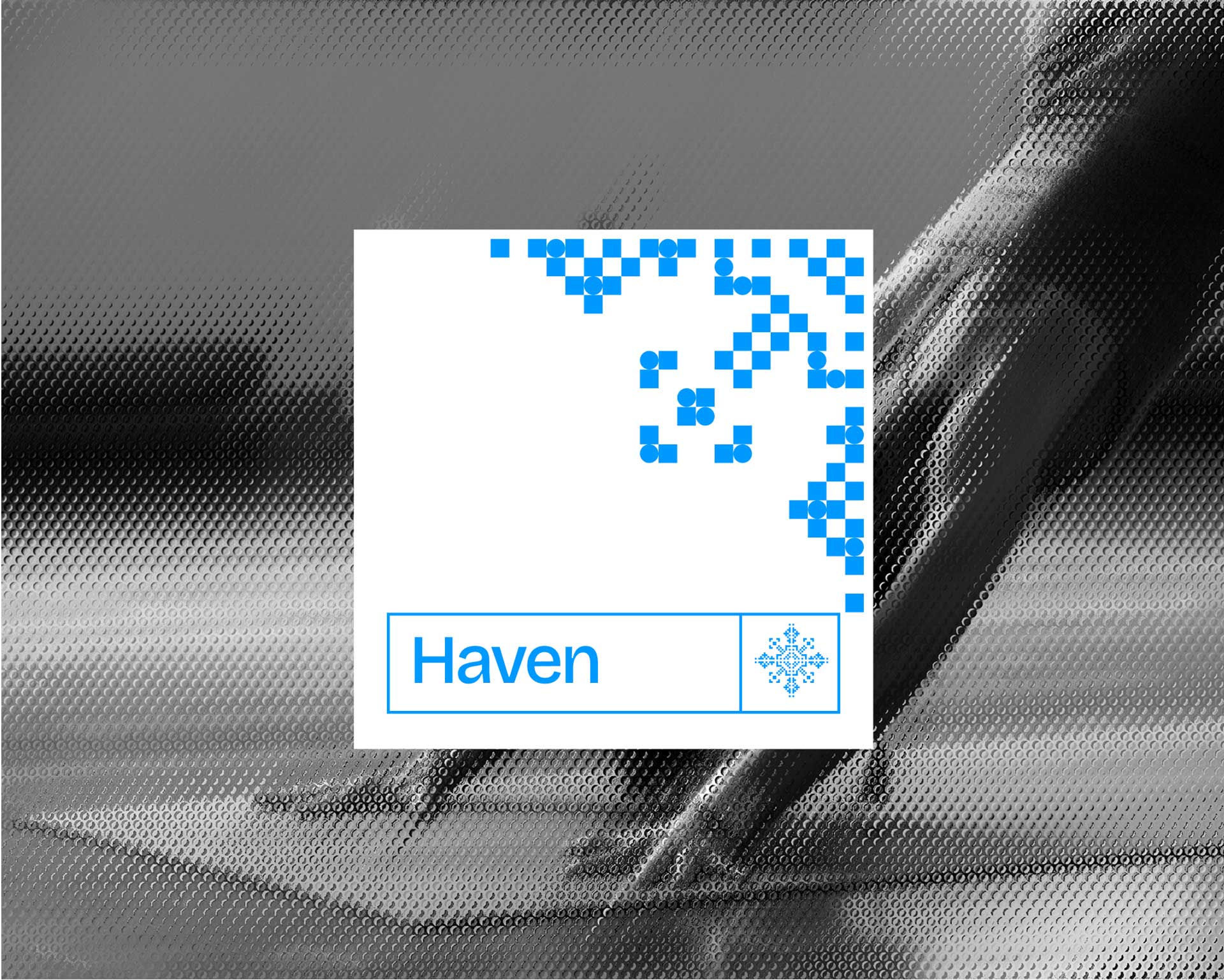 A grayscale image of a person doing a yoga pose on a mat in the background, overlaid by a white square with a blue pixel pattern and the word "Haven" accompanied by a snowflake symbol.